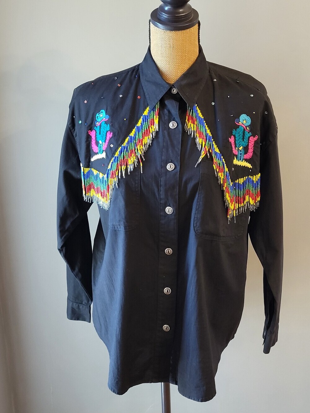 Southwest Canyon 90s Black Polycotton Beaded Fringe/Emboidered Western Shirt Med